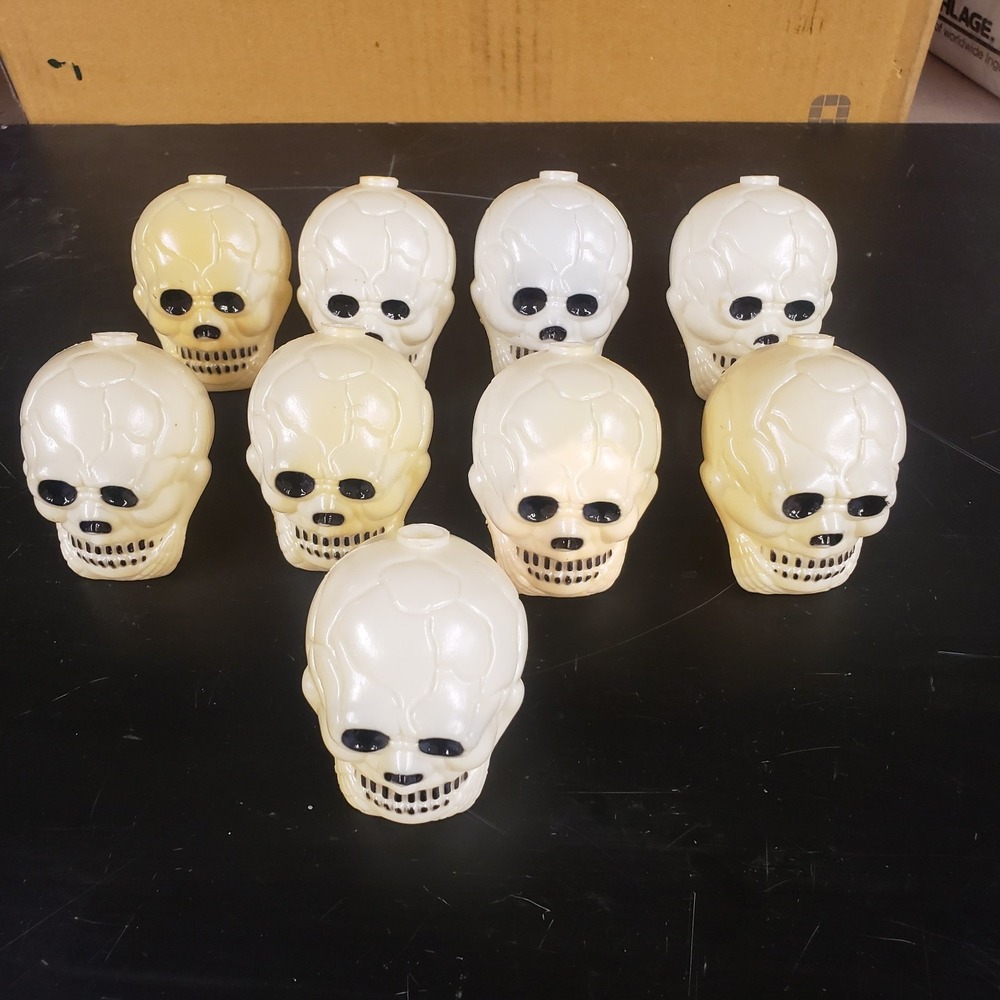 Vintage Halloween Skull Blow Mold Mini Light Covers Plastic Cream Black Lot of 9